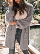 Choies Gray Open Front Long Sleeve Women Fluffy Cardigan
