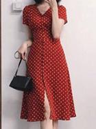 Choies Red V-neck Polka Dot Print Button Placket Front Chic Women Dress