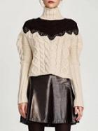 Choies White High Neck Lace Panel Long Sleeve Chunky Knit Sweater