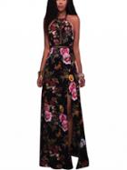 Choies Black Floral Print Cut Out Detail Open Back Maxi Dress