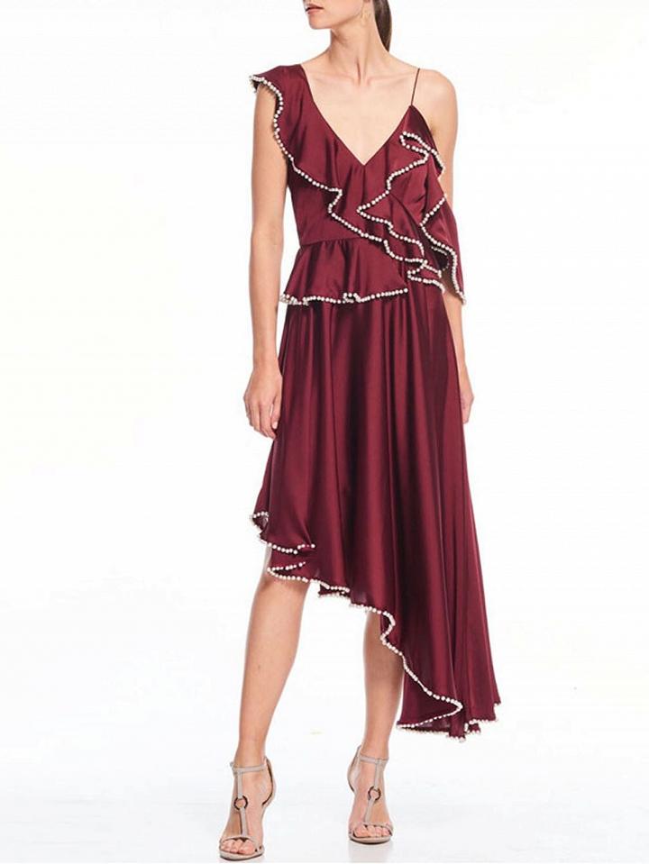 Choies Burgundy Plunge Ruffle Detail Asymmetric Hem Dress