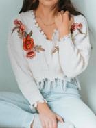 Choies White V-neck Floral Embroidery Long Sleeve Chic Women Knit Sweater
