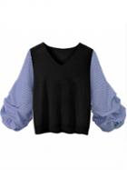 Choies Black V-neck Stripe Puff Sleeve Knit Sweater
