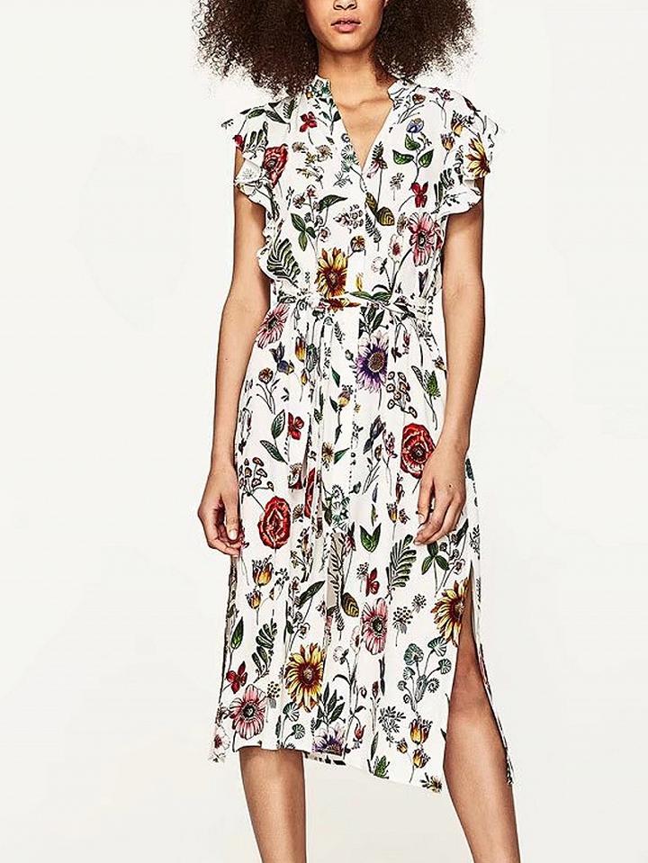 Choies White Floral Print Ruffle Cuff Button Front Split Midi Dress