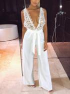 Choies White Plunge Lace Panel Tie Waist Open Back Romper Jumpsuit