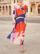 Choies Polychrome Print Detail Thigh Split Side Long Sleeve Maxi Dress
