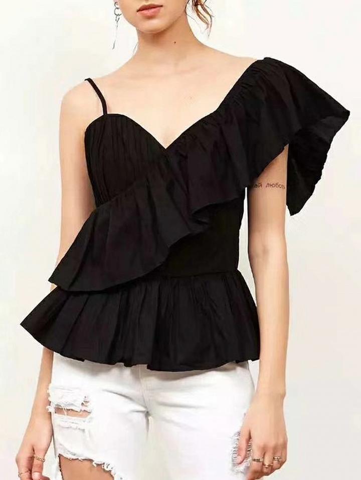 Choies Black V-neck Asymmetric Detail Ruffle Trim Blouse