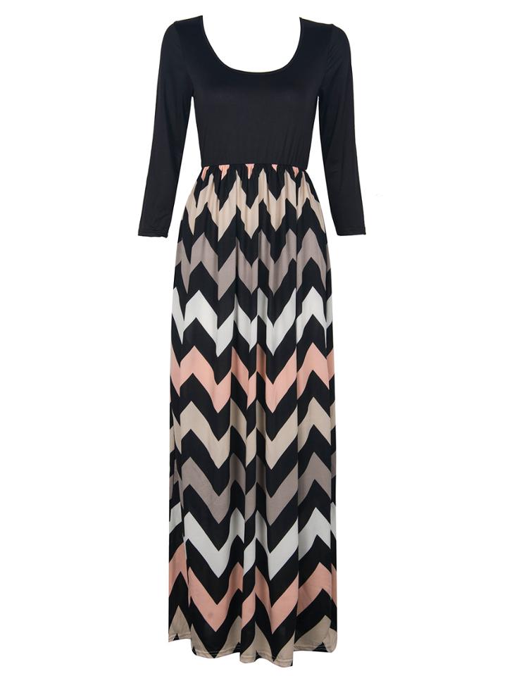 Choies Black Contrast Chevron Print 3/4 Sleeve Maxi Dress