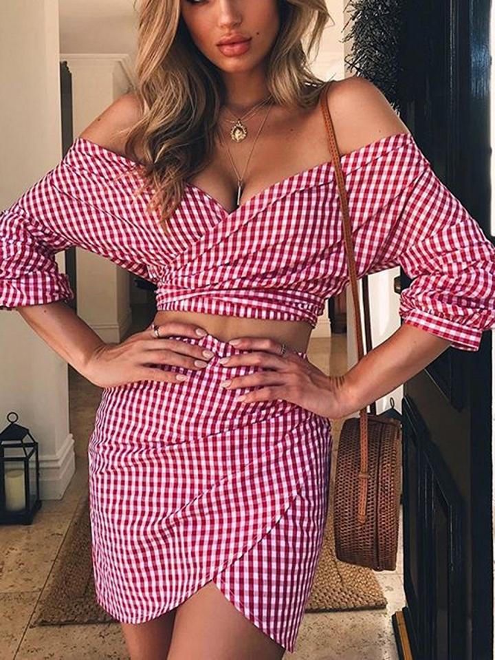 Choies Red Plaid V-neck Tie Waist Crop Top And High Waist Skirt