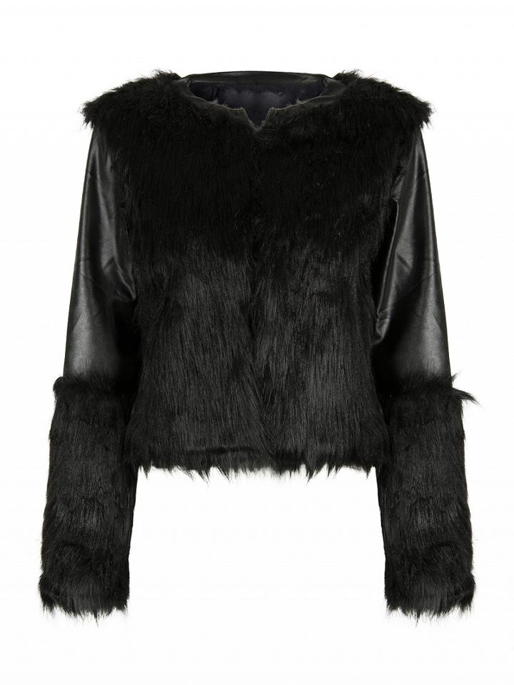 Choies Black Pu Panel Short Faux Fur Coat