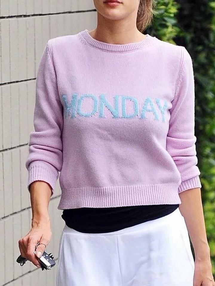 Choies Pink Saturday Rib Trim Long Sleeve Sweater