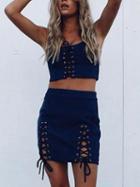 Choies Navy Blue Faux Suede Lace Up Crop Tank Top And Mini Pencil Skirt