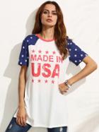 Choies White Star And Letter Print Contrast Sleeve Side Split T-shirt