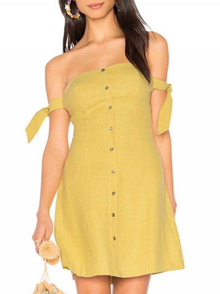 Choies Yellow Off Shoulder Button Placket Front Tie Detail Mini Dress