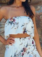 Choies White Floral Print Ruffle Bandeau Crop Top Co-ord