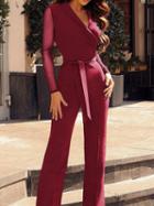 Choies Burgundy V-neck Polka Dot Print Panel Tie Waist Long Sleeve Jumpsuit