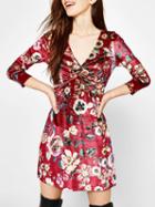 Choies Red Velvet Plunge Floral Print Long Sleeve Mini Dress