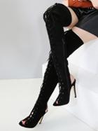 Choies Black Peep Toe Lace Up Leather Look Heeled Over The Knee Boots