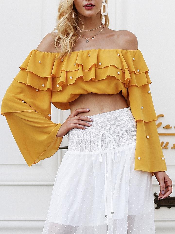 Choies Yellow Off Shoulder Beaded Detail Ruffle Sleeve Crop Blouse