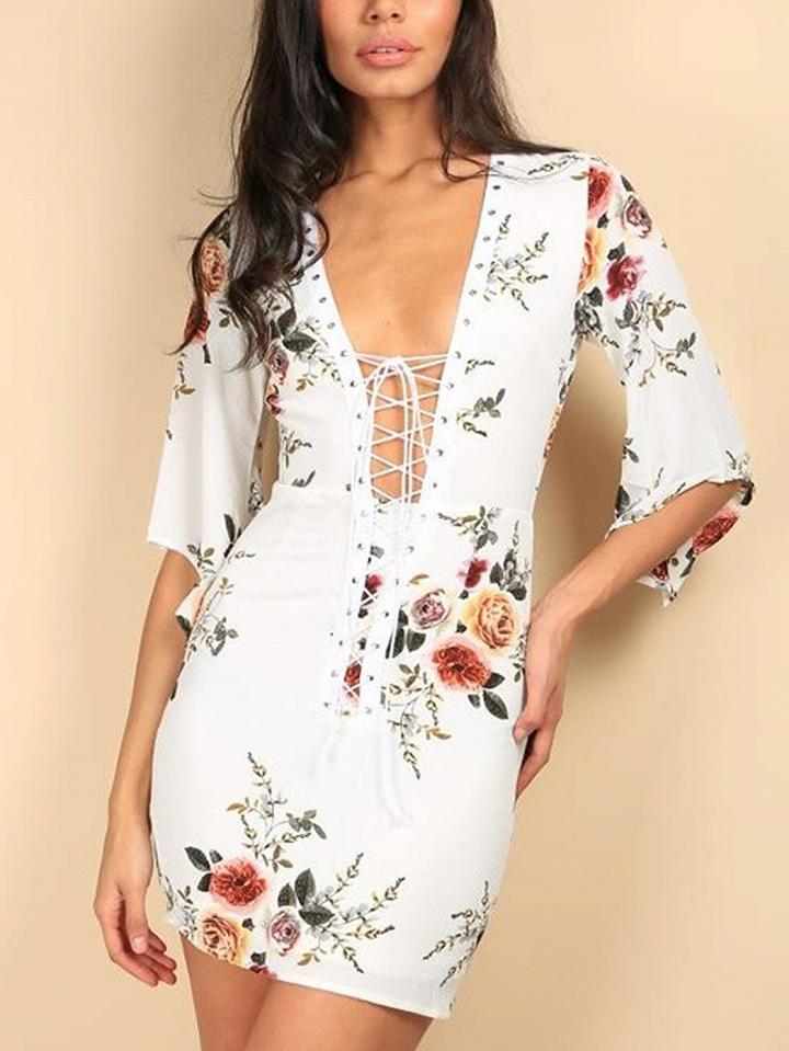 Choies White Plunge Lace Up Front Floral Print Mini Dress