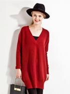 Choies Red V-neck Long Sleeve Longline Knit Sweater
