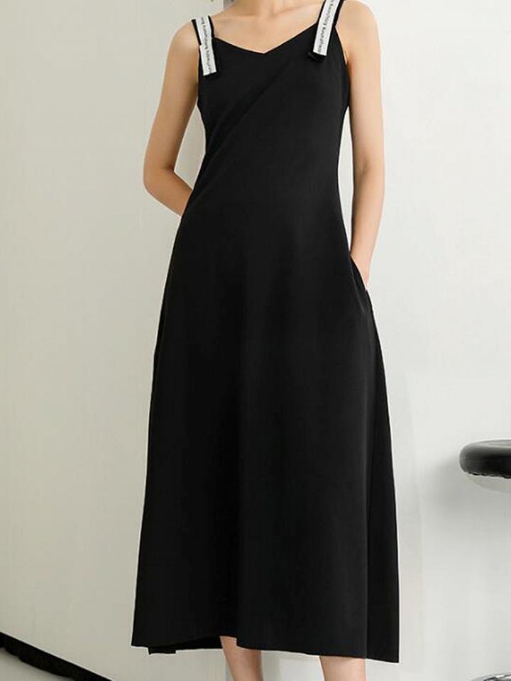 Choies Black Cotton V-neck Shoulder Strap Letter Detail Chic Women Maxi Dress