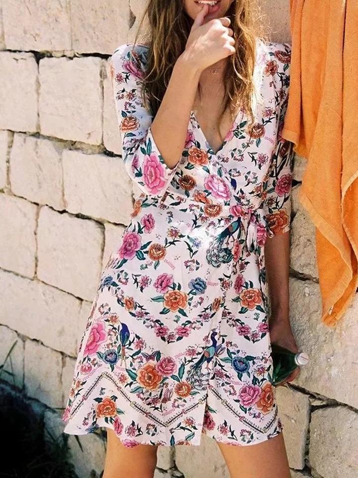 Choies Polychrome Cotton V-neck Floral Print Tie Waist Chic Women Mini Dress