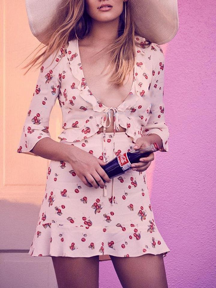 Choies White Cotton Plunge Cherry Print Ruffle Trim Chic Women Mini Dress