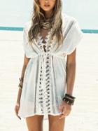 Choies White Plunge Lace Panel Drawstring Waist Chic Women Beach Cover Up