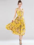 Choies Yellow Floral Print Sleeveless Skater Midi Dress