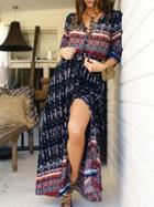 Choies Black Geo-tribal Print Button Placket 3/4 Sleeve Maxi Dress