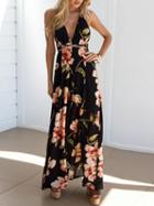 Choies Black V-neck Floral Print Thigh Split Open Back Maxi Dress