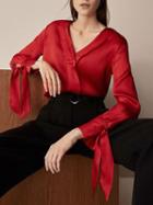 Choies Red V-neck Tie Cuff Long Sleeve Blouse