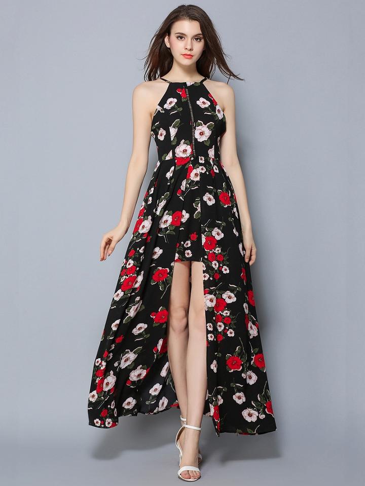 Choies Black Floral Split Front Open Front Maxi Dress