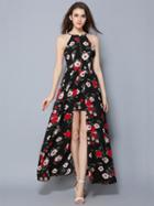 Choies Black Floral Split Front Open Front Maxi Dress
