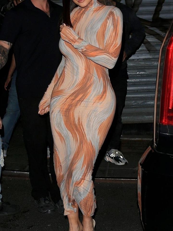 Choies Polychrome High Neck Long Sleeve Chic Women Bodycon Maxi Dress