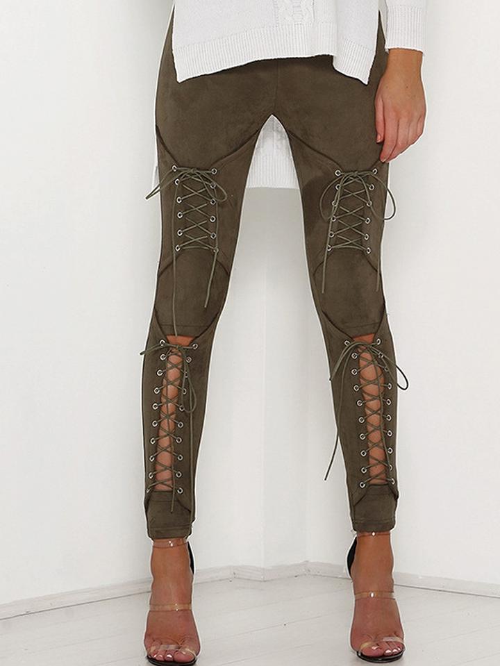 Choies Army Green Faux Suede Lace Up Skinny Pants