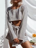Choies White Stripe Polyester Chic Women Crop Top And High Waist Shorts