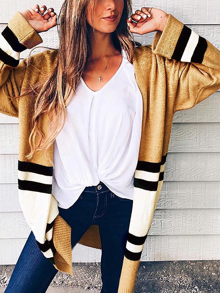 Choies Yellow Contrast Stripe Open Front Longline Cardigan