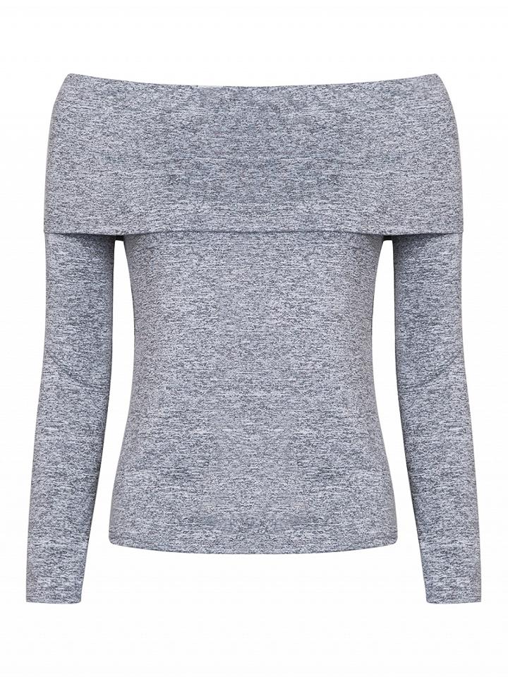 Choies Gray Foldover Off Shoulder Long Sleeve T-shirt