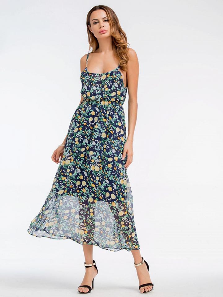 Choies Polychrome Floral Print Cami Chiffon Midi Dress