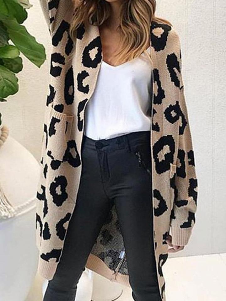 Choies Khaki Cotton Circle Print Long Sleeve Chic Women Longline Cardigan