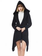 Choies Black Tie Waist Asymmetric Hem Wool Longline Hooded Coat