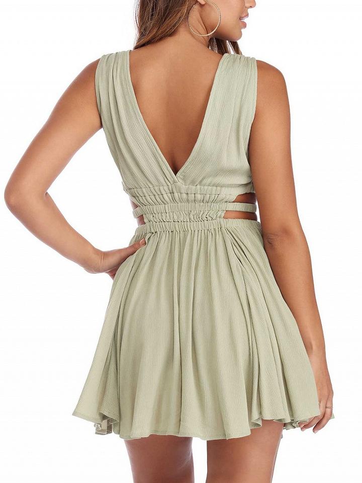 Choies Light Green V Neck Cut Out Wasit Sleeveless Dress