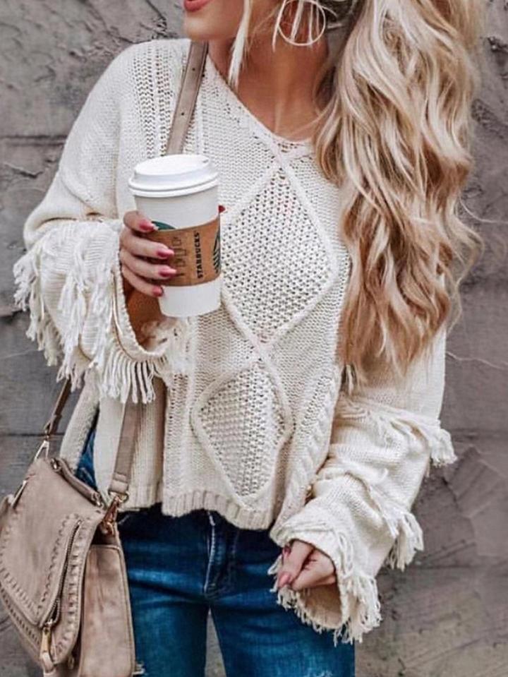 Choies Light Beige Cut Out Detail Tassel Trim Long Sleeve Knit Sweater