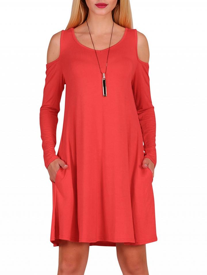 Choies Red Cold Shoulder Long Sleeve Mini Dress
