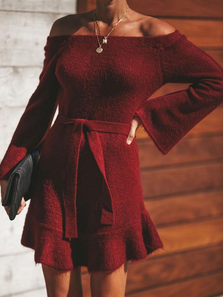 Choies Burgundy Off Shoulder Ruffle Hem Long Sleeve Women Mini Dress