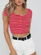 Choies Red Stripe Jersey Button Placket Front Chic Women Crop Top