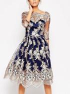 Choies Dark Blue Mesh Panel Embroidery Detail Dress