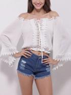 Choies White Off Shoulder Lace Panel Wide Sleeve Crop Blouse
